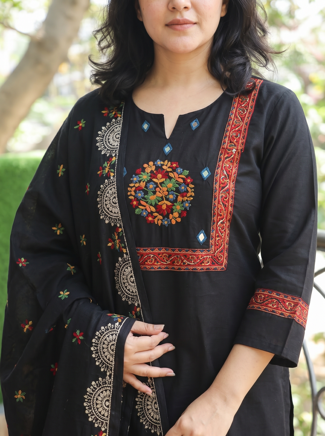 Nancy Black Embroidered Yoke Cotton 3 Piece Set