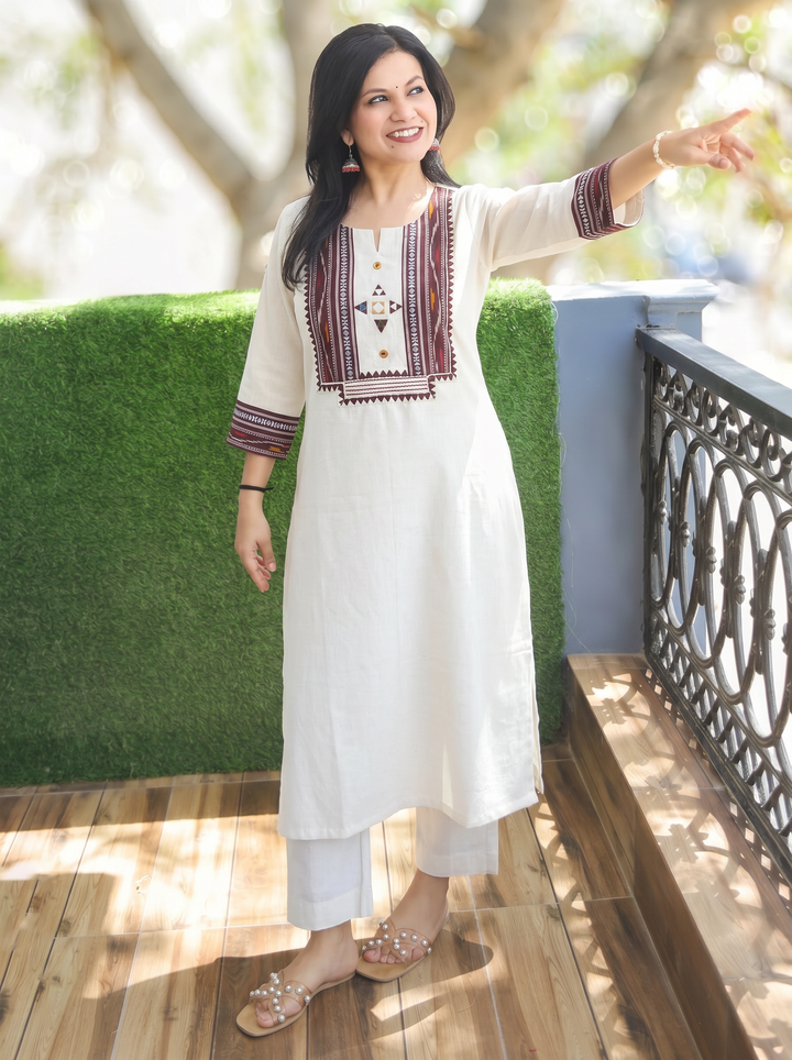 Madhu Wine Ikkat Printed Yoke Cotton Kurti
