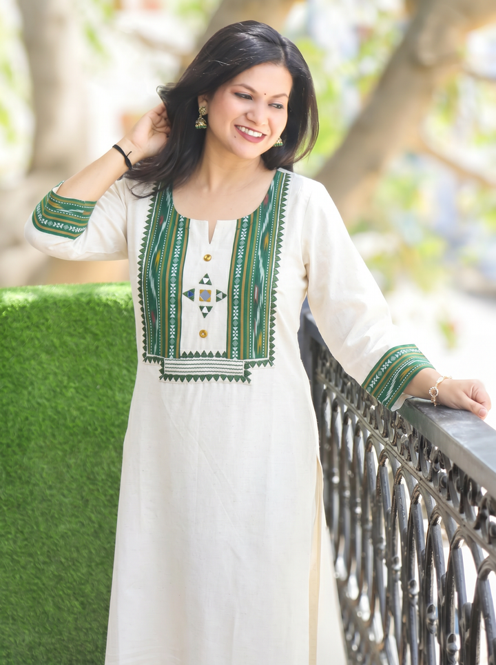 Madhu Green Ikkat Printed Yoke Cotton Kurti