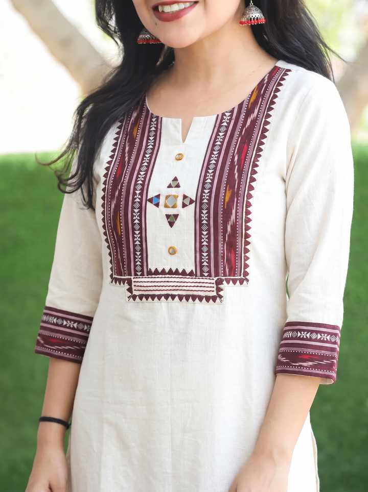 Madhu Wine Ikkat Printed Yoke Cotton Kurti