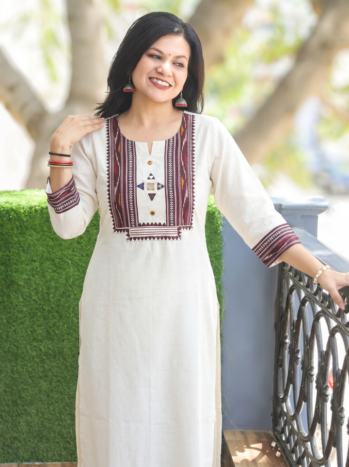 Madhu Wine Ikkat Printed Yoke Cotton Kurti