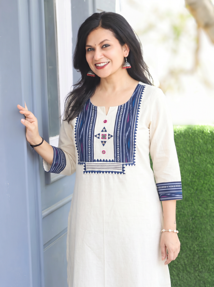 Madhu Blue Ikkat Printed Yoke Cotton Kurti