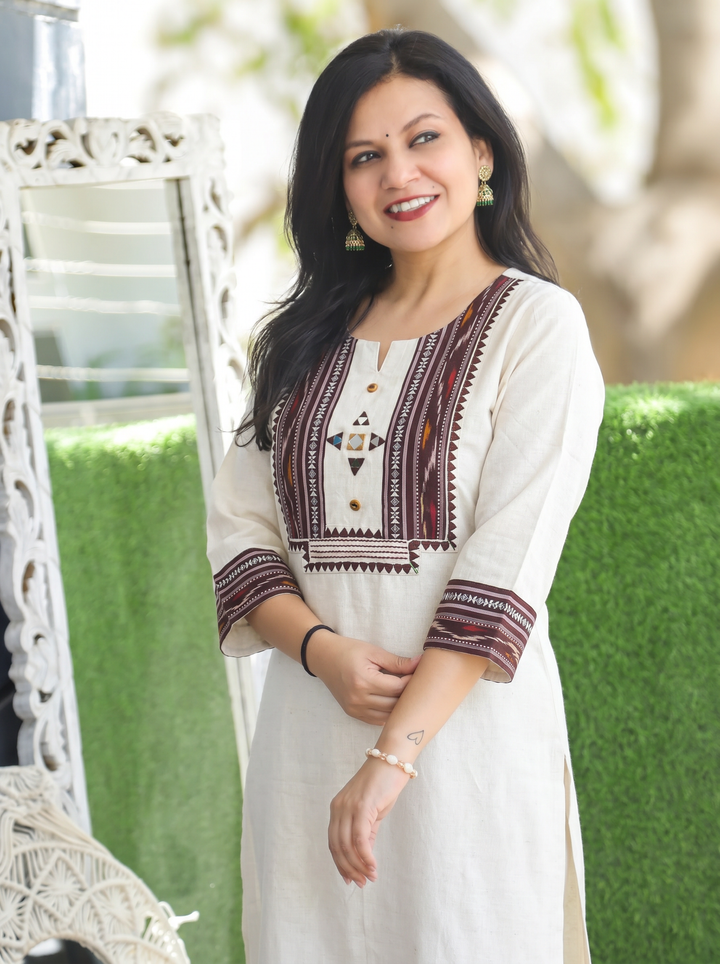 Madhu Wine Ikkat Printed Yoke Cotton Kurti