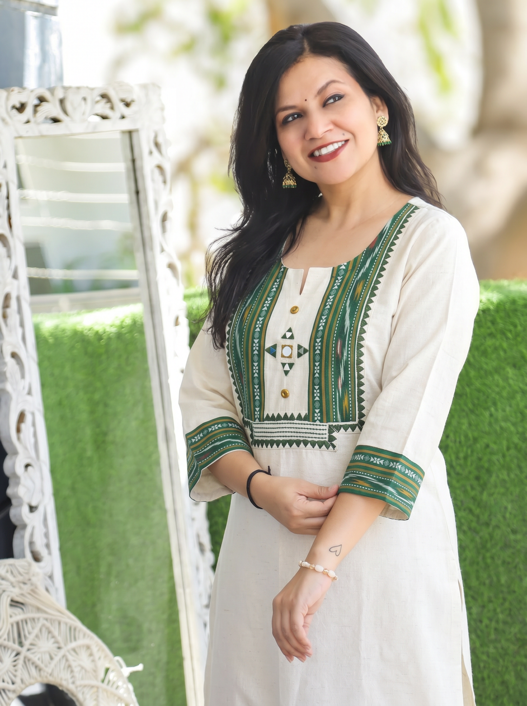 Madhu Green Ikkat Printed Yoke Cotton Kurti