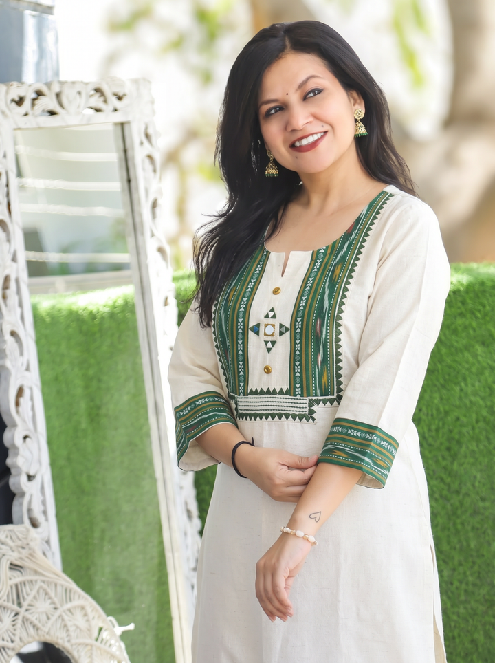 Madhu Green Ikkat Printed Yoke Cotton Kurti
