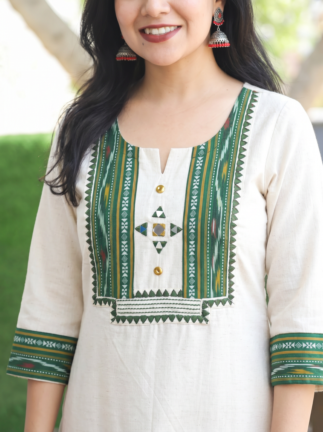 Madhu Green Ikkat Printed Yoke Cotton Kurti