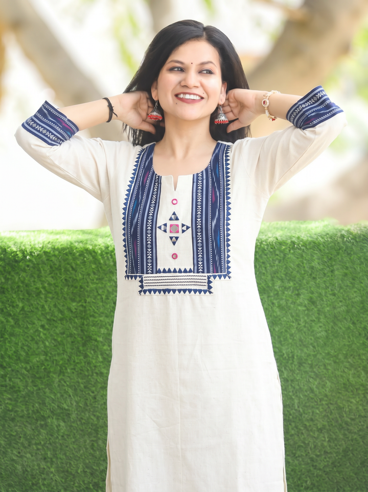 Madhu Blue Ikkat Printed Yoke Cotton Kurti
