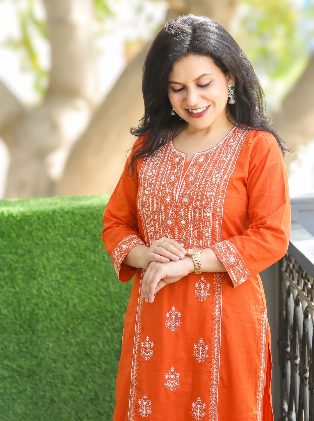 Shanya Rust Orange Panel Chikankari Cotton KUrti