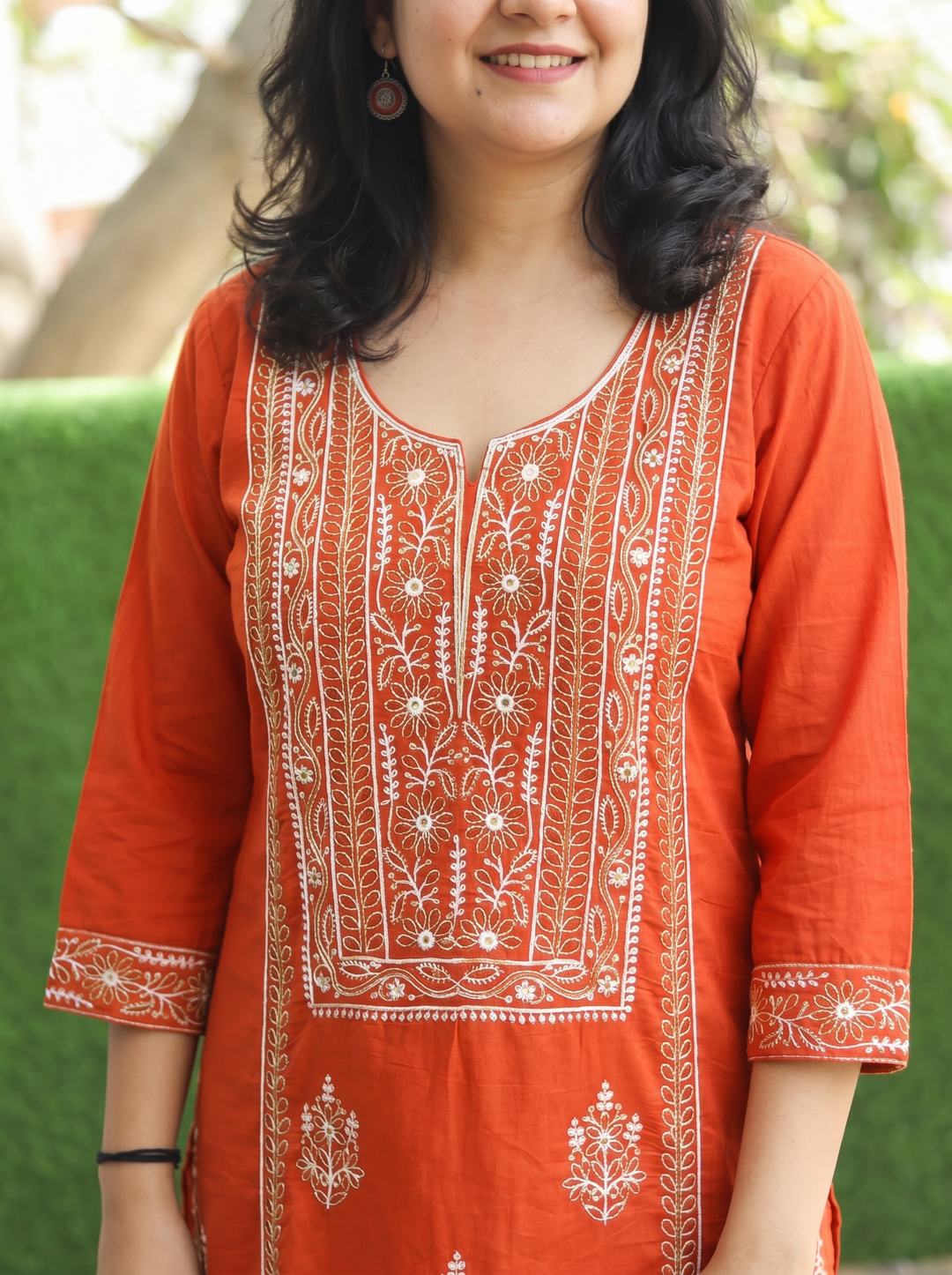 Shanya Rust Orange Panel Chikankari Cotton KUrti