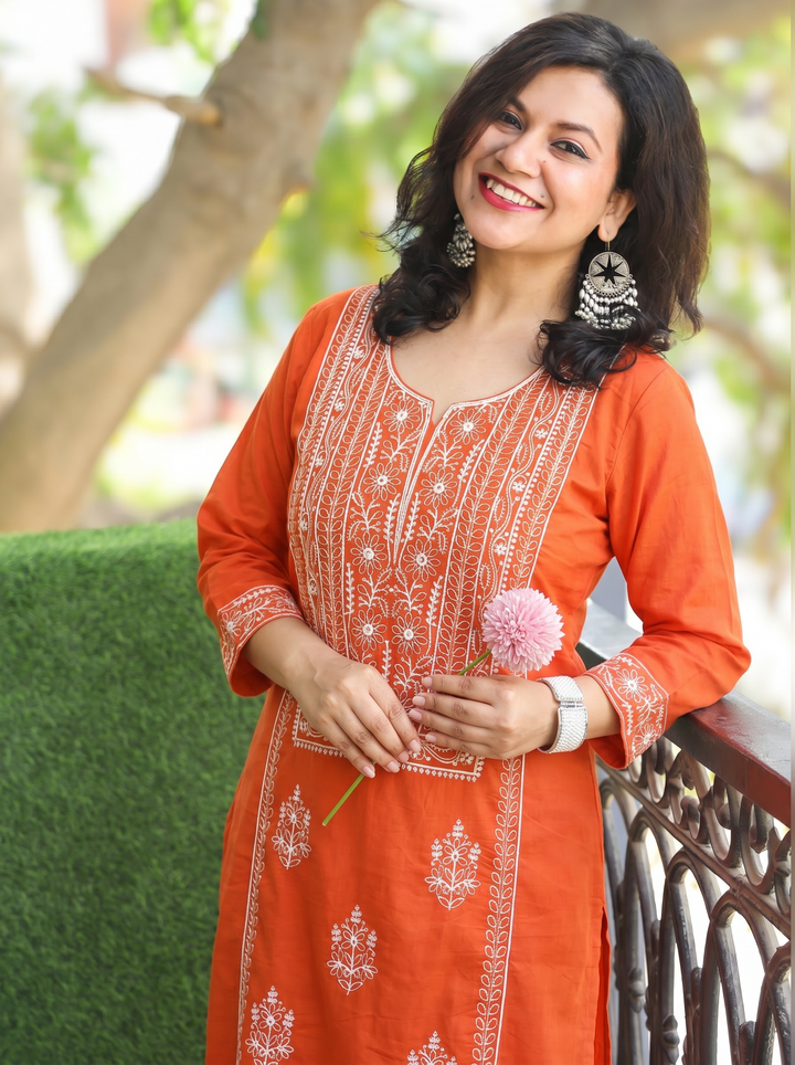 Shanya Rust Orange Panel Chikankari Cotton KUrti