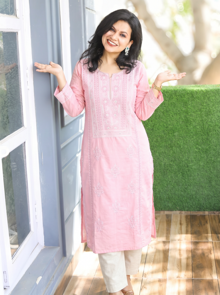 Shanya Soft Pink Panel Chikankari Cotton Kurti