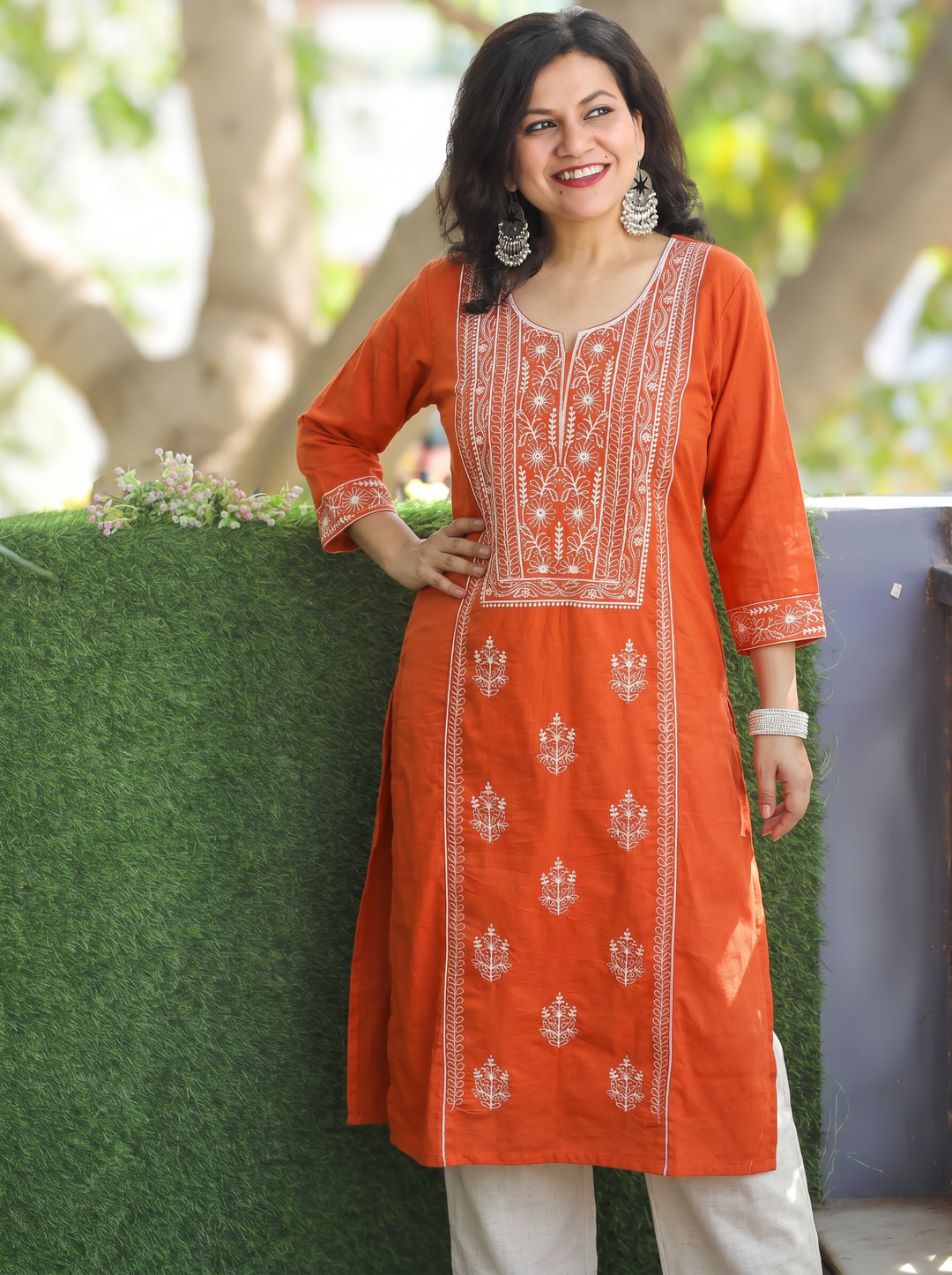 Shanya Rust Orange Panel Chikankari Cotton KUrti