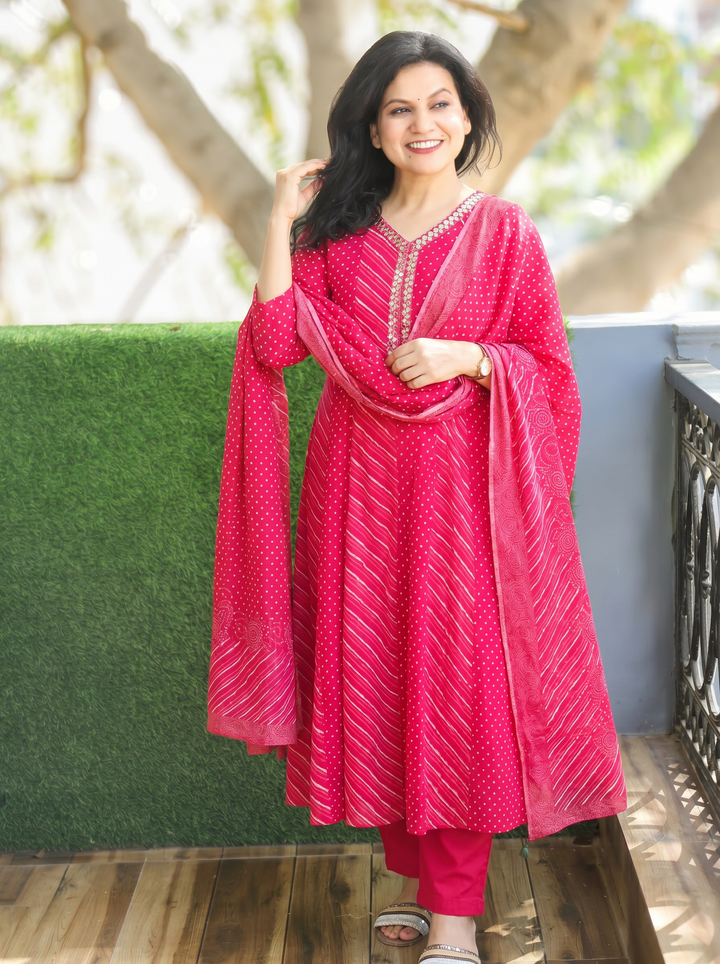 Morni Rani Pink Leheriya Mul Cotton 3 Piece Set