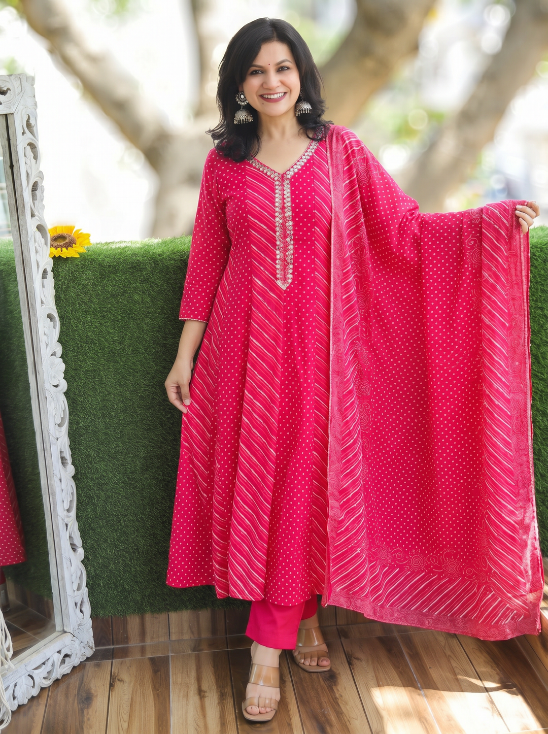 Morni Rani Pink Leheriya Mul Cotton 3 Piece Set