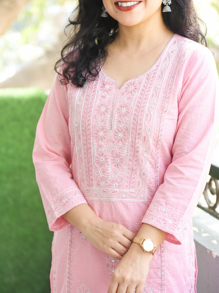 Shanya Soft Pink Panel Chikankari Cotton Kurti