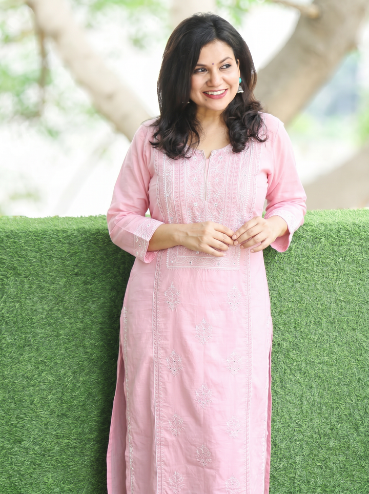 Shanya Soft Pink Panel Chikankari Cotton Kurti