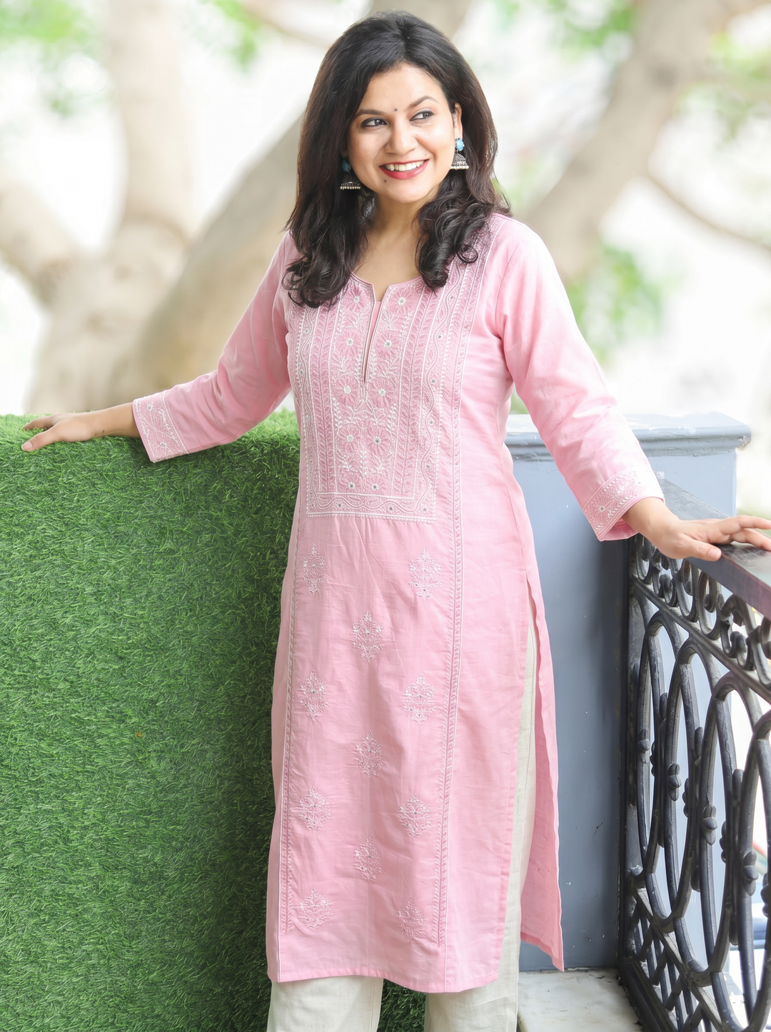 Shanya Soft Pink Panel Chikankari Cotton Kurti