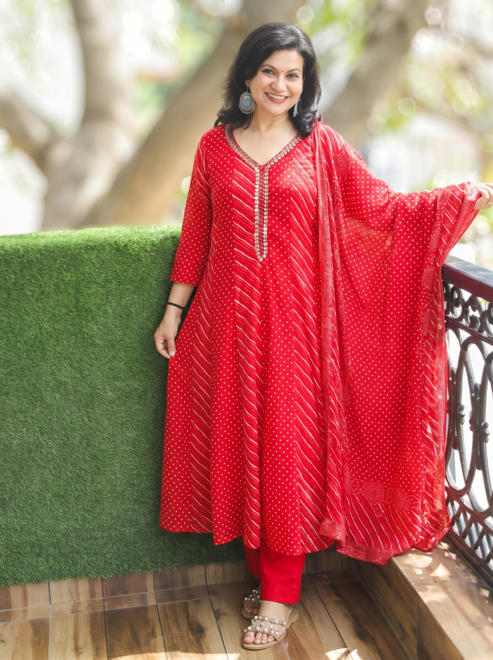 Morni Bride Red Leheriya Mul Cotton 3 Piece Set