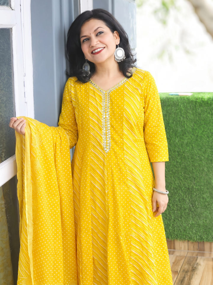 Morni Corn Yellow Leheriya Mul Cotton 3 Piece Set