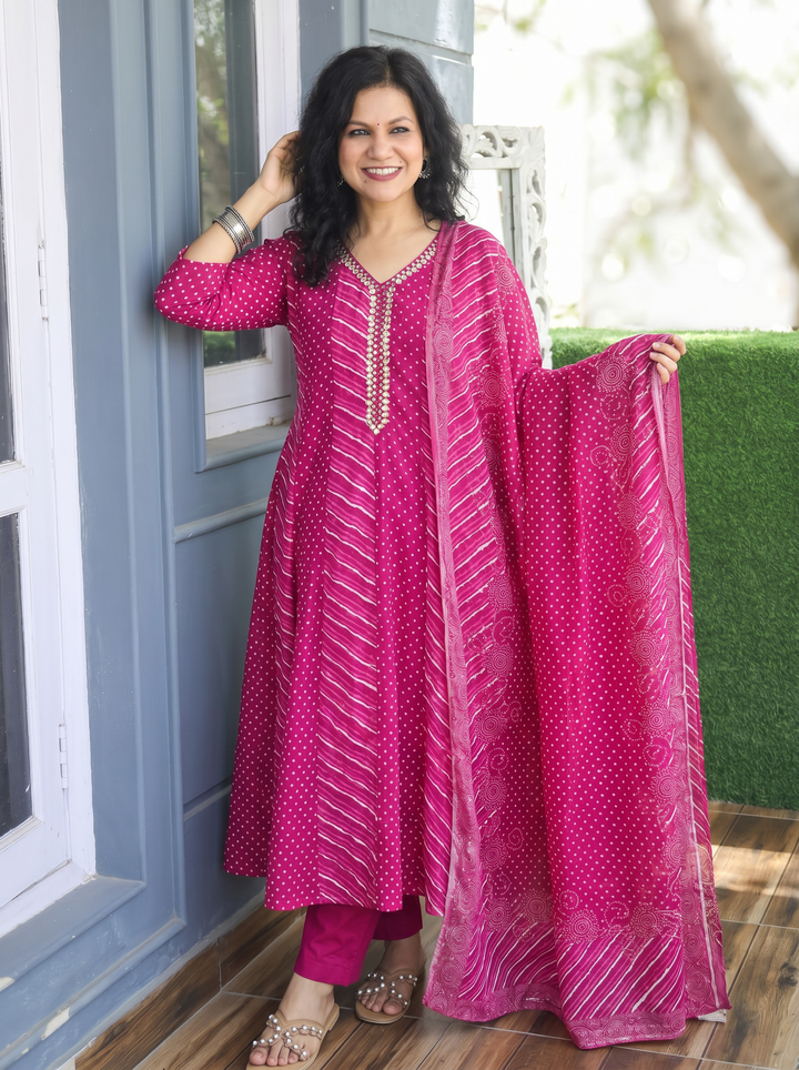 Morni Wine Purple Leheriya Mul Cotton 3 Piece Set