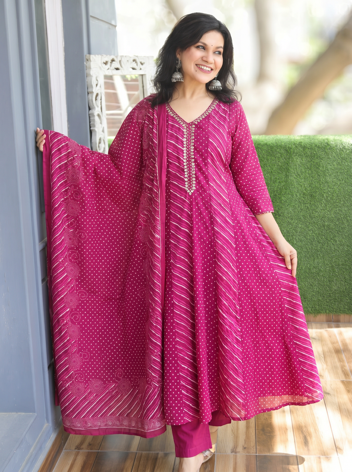 Morni Wine Purple Leheriya Mul Cotton 3 Piece Set