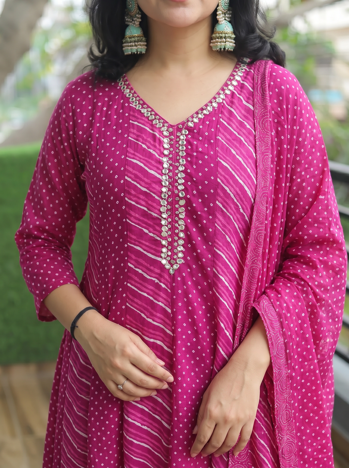 Morni Wine Purple Leheriya Mul Cotton 3 Piece Set
