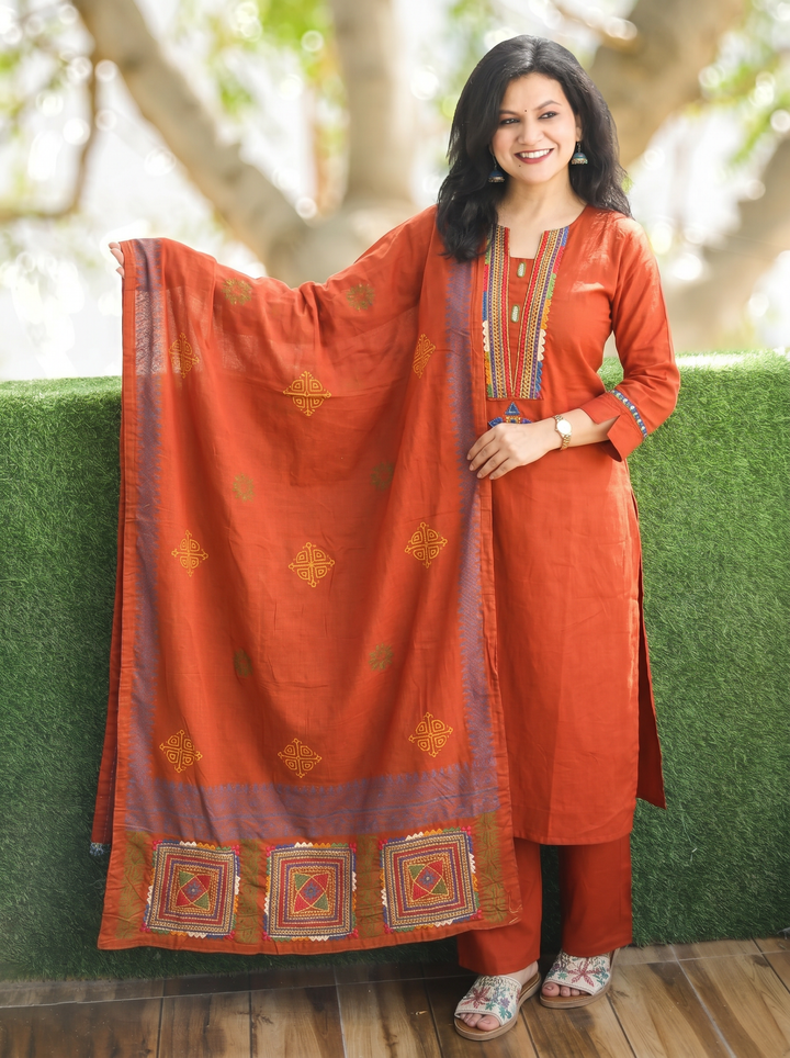 Gurjit Rust Orange Embroidered Cotton 3 Piece Set
