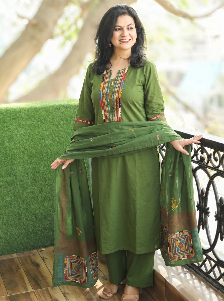 Gurjit Forest Green Embroidered Cotton 3 Piece Set