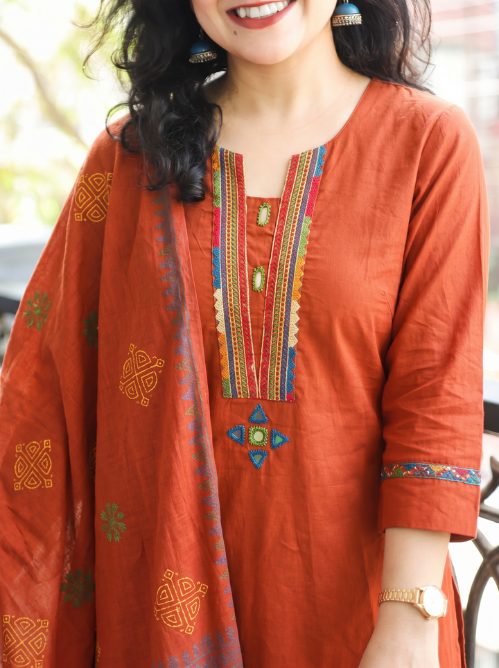 Gurjit Rust Orange Embroidered Cotton 3 Piece Set