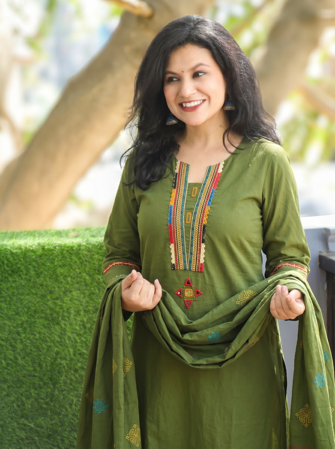 Gurjit Forest Green Embroidered Cotton 3 Piece Set