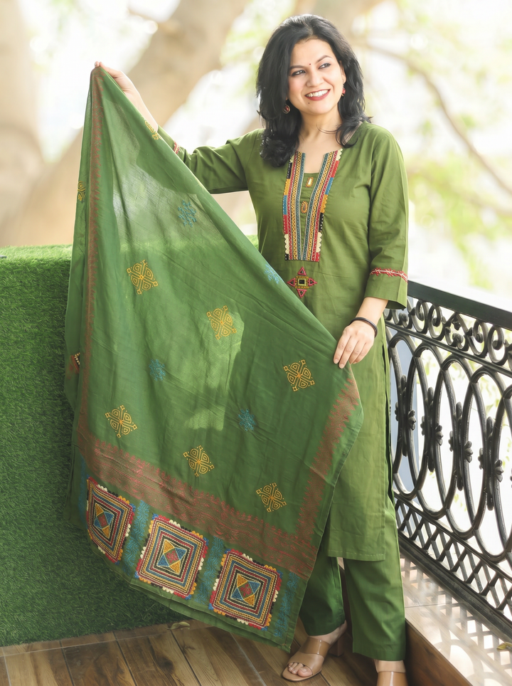 Gurjit Forest Green Embroidered Cotton 3 Piece Set