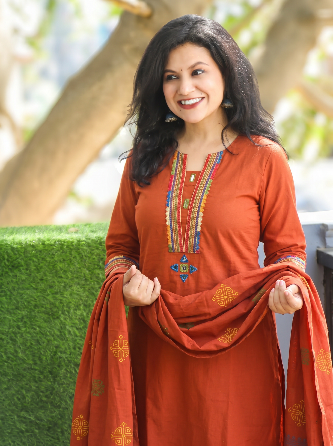 Gurjit Rust Orange Embroidered Cotton 3 Piece Set