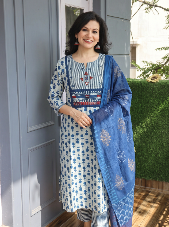 Rushali Iced Blue Dabu Printed 3 Piece Set