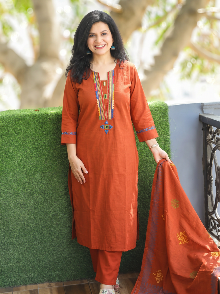 Gurjit Rust Orange Embroidered Cotton 3 Piece Set
