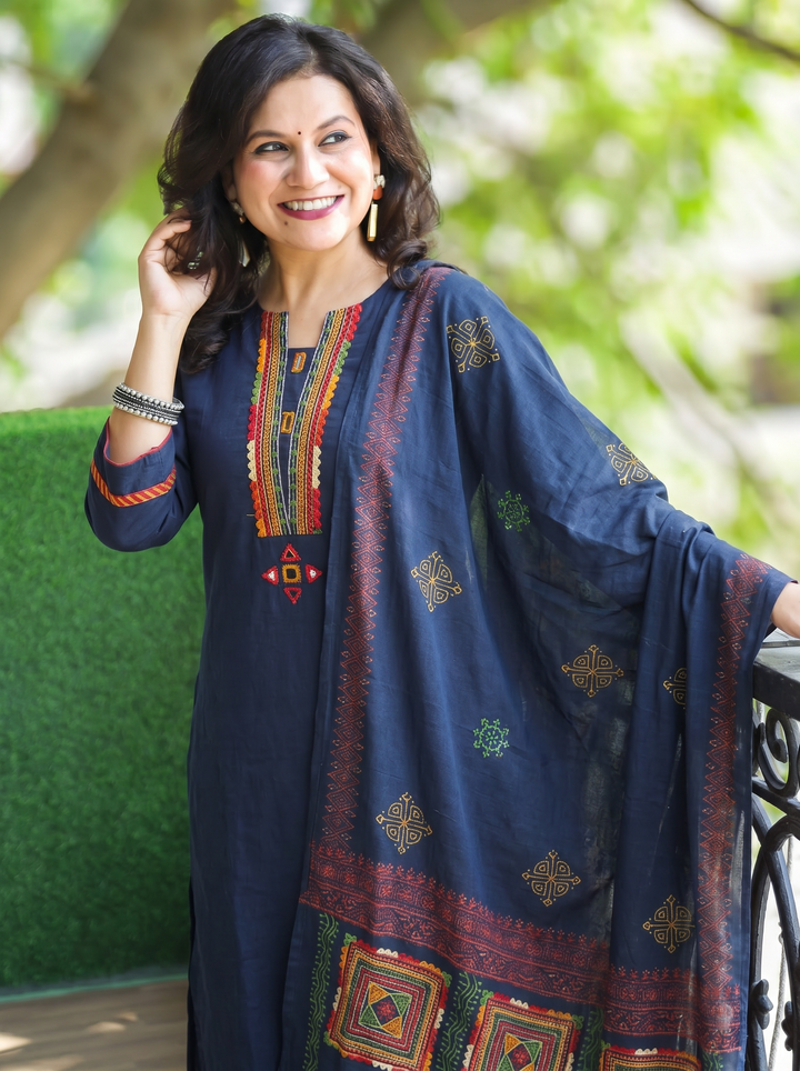Gurjit Navy Blue Embroidered Cotton 3 Piece Set