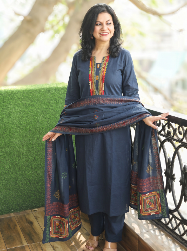 Gurjit Navy Blue Embroidered Cotton 3 Piece Set