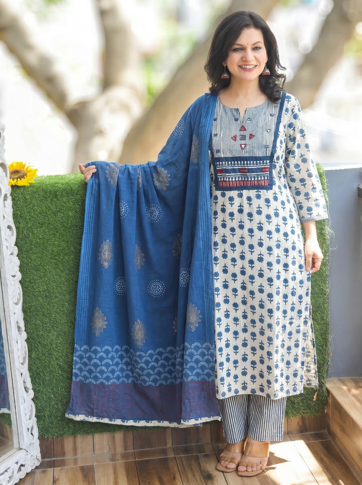 Rushali Iced Blue Dabu Printed 3 Piece Set