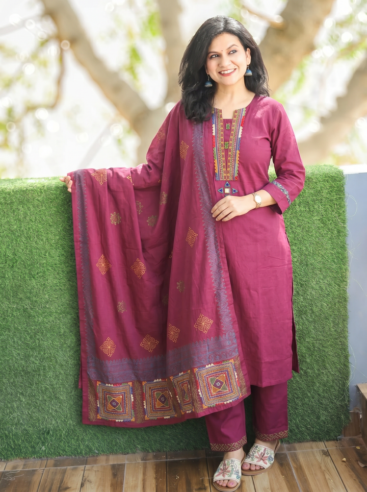 Gurjit Wine Purple Embroidered Cotton 3 Piece Set
