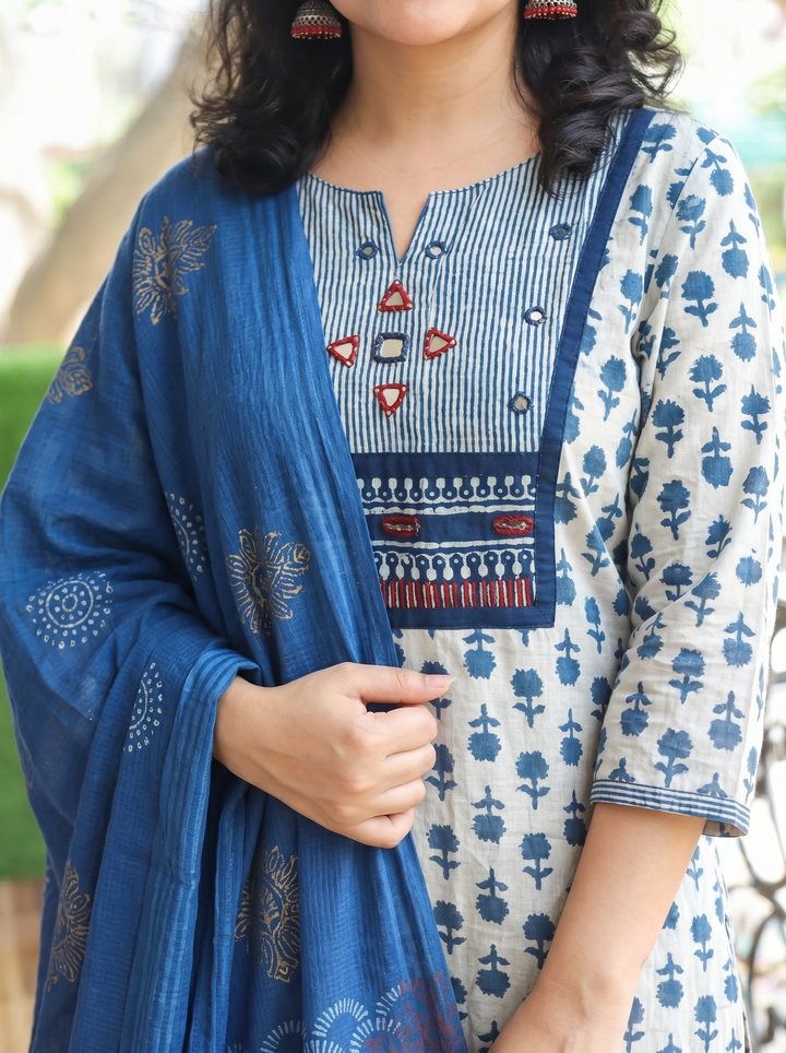 Rushali Iced Blue Dabu Printed 3 Piece Set