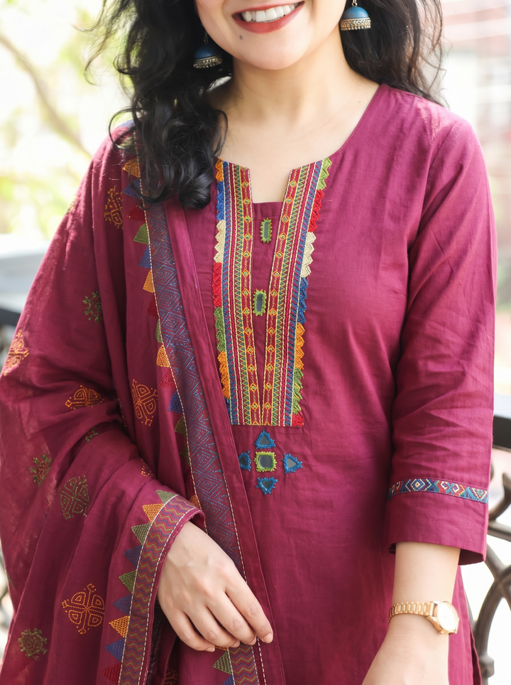 Gurjit Wine Purple Embroidered Cotton 3 Piece Set