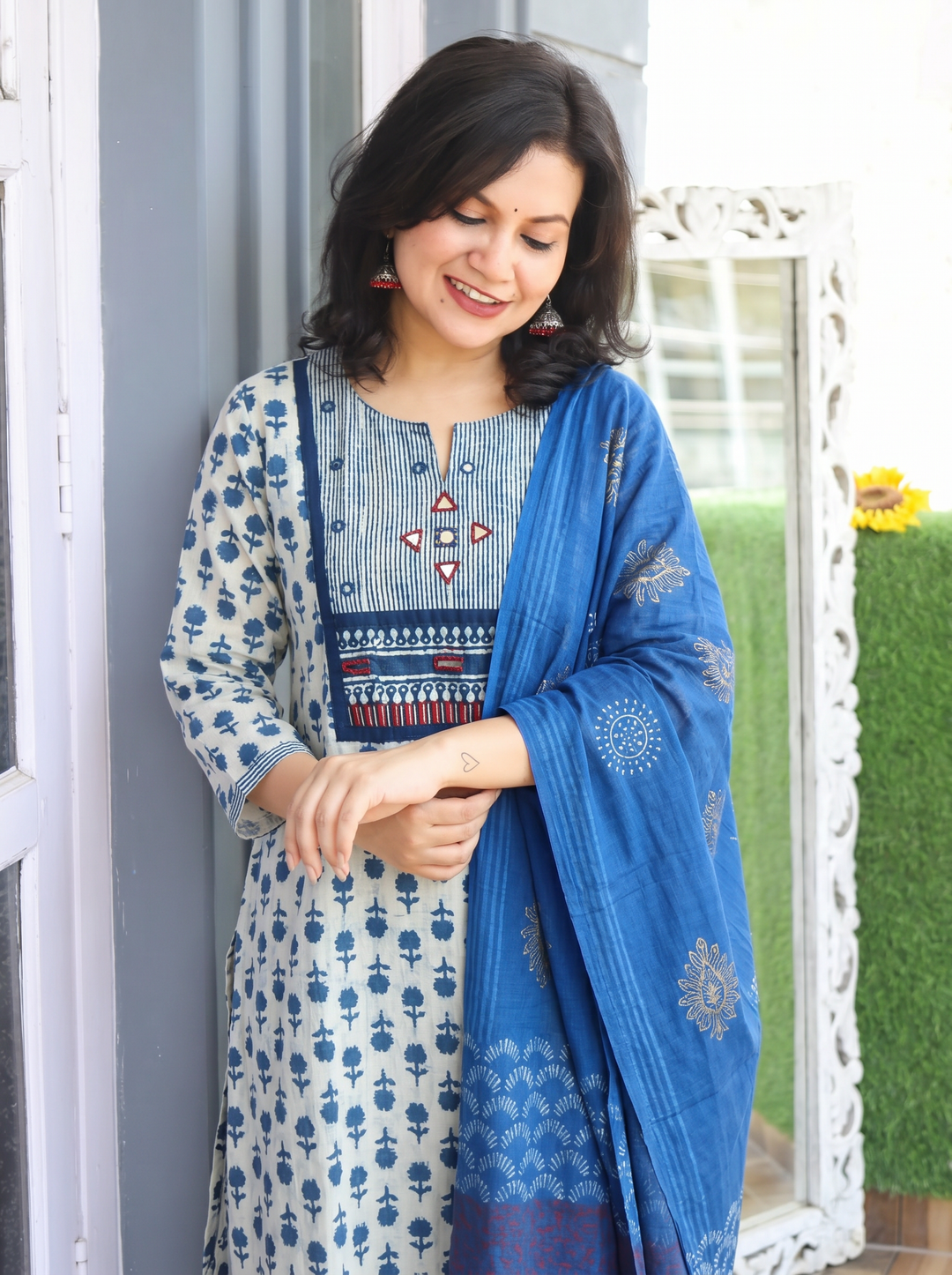 Rushali Iced Blue Dabu Printed 3 Piece Set