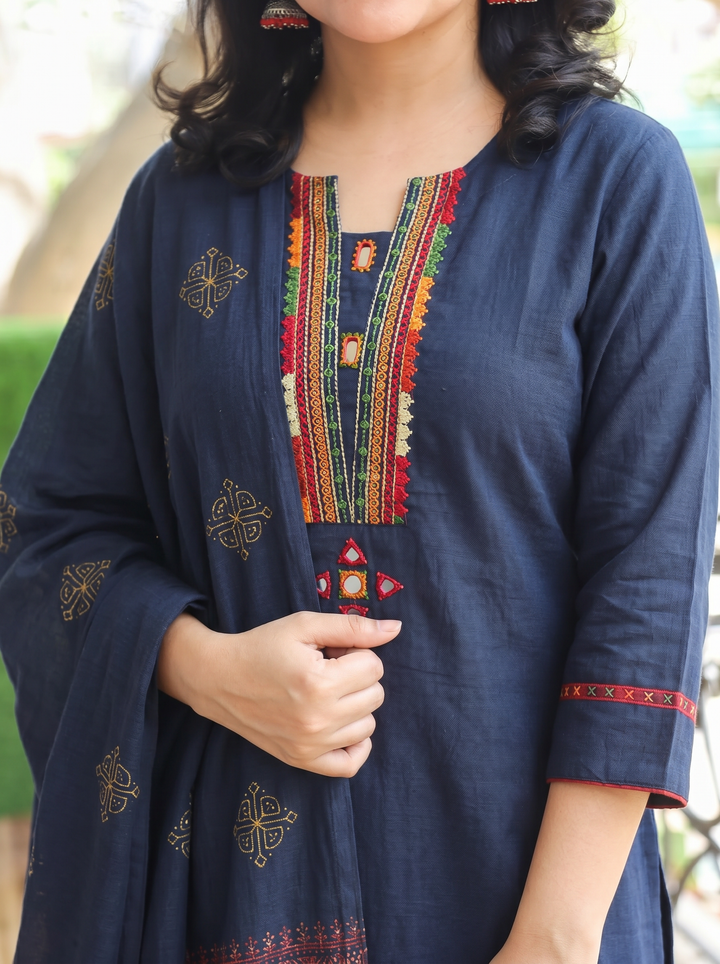 Gurjit Navy Blue Embroidered Cotton 3 Piece Set