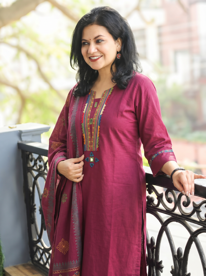 Gurjit Wine Purple Embroidered Cotton 3 Piece Set