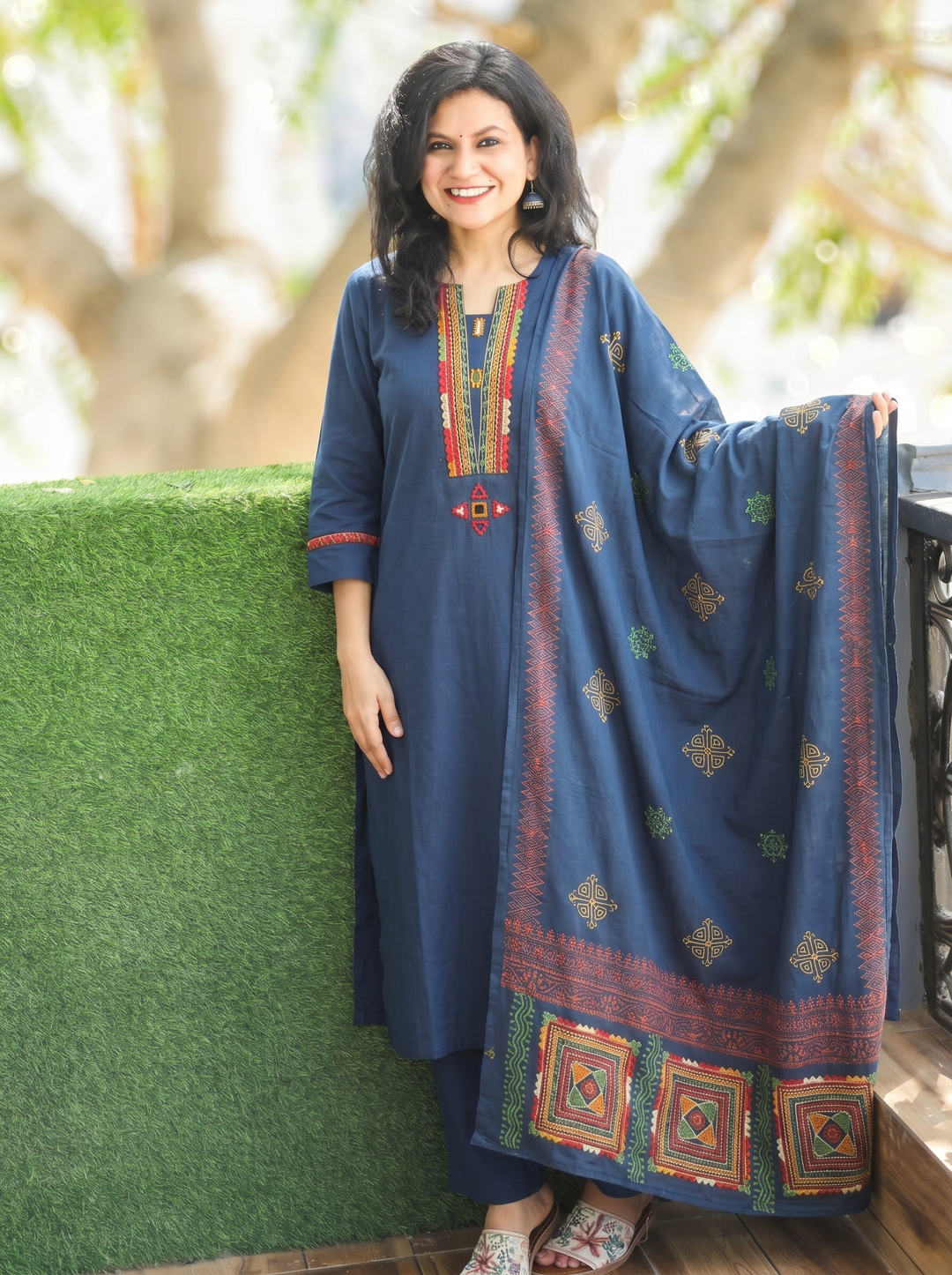 Gurjit Navy Blue Embroidered Cotton 3 Piece Set