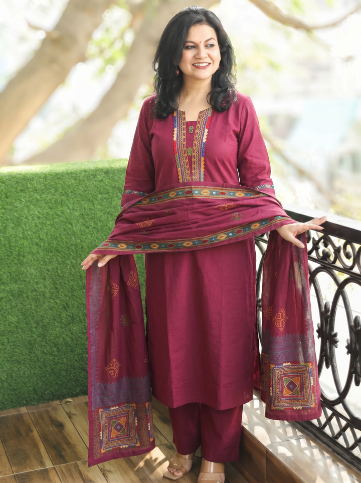 Gurjit Wine Purple Embroidered Cotton 3 Piece Set