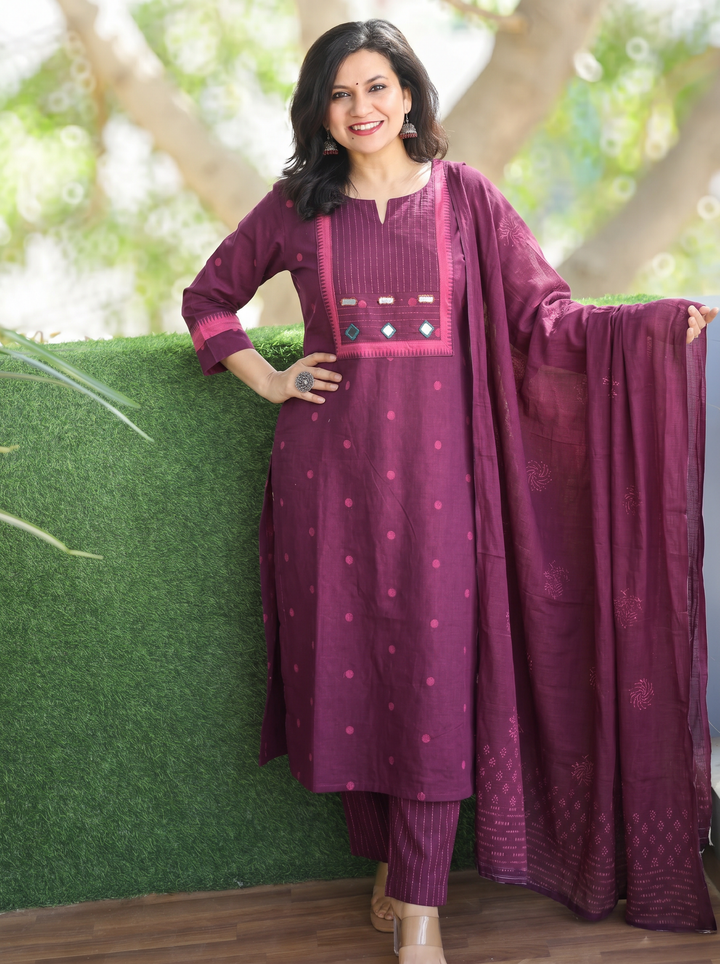 Radhika Purple Mirror Work South Cotton 3 Piece Set