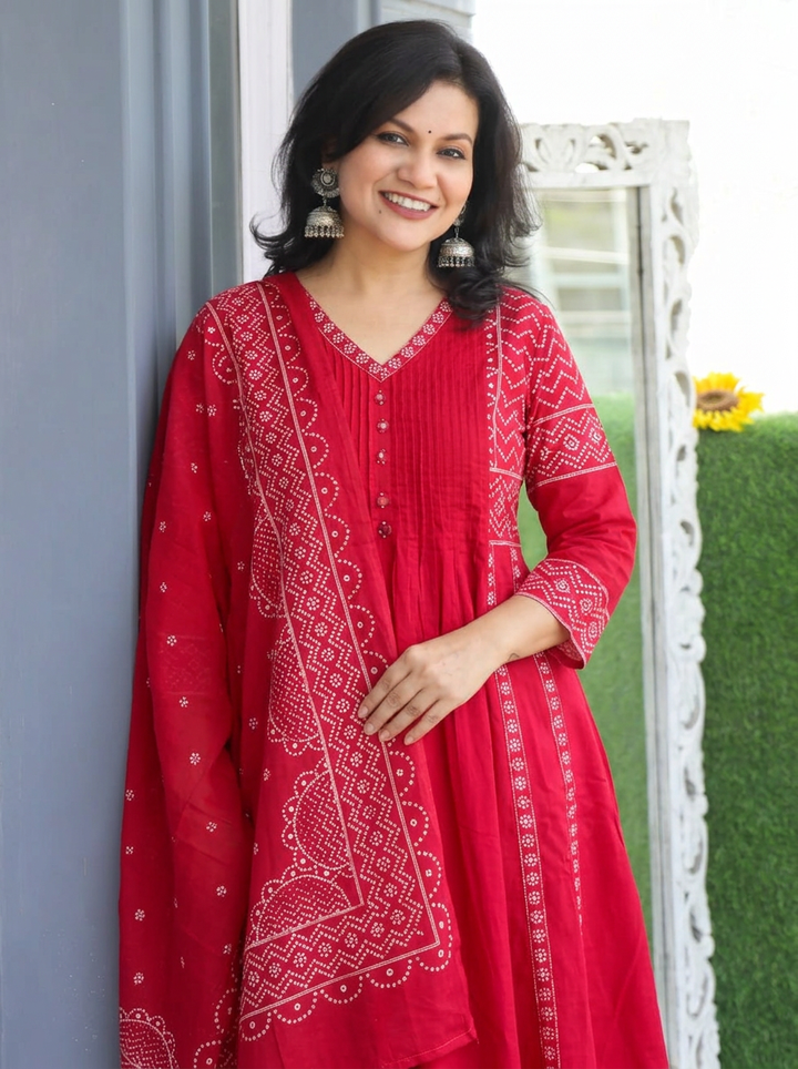 Rashi Rani Pink Bandhani Gathered Cotton 3 PIece Set