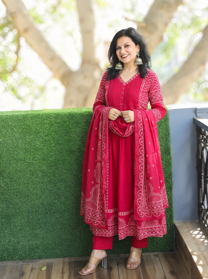 Rashi Rani Pink Bandhani Gathered Cotton 3 PIece Set