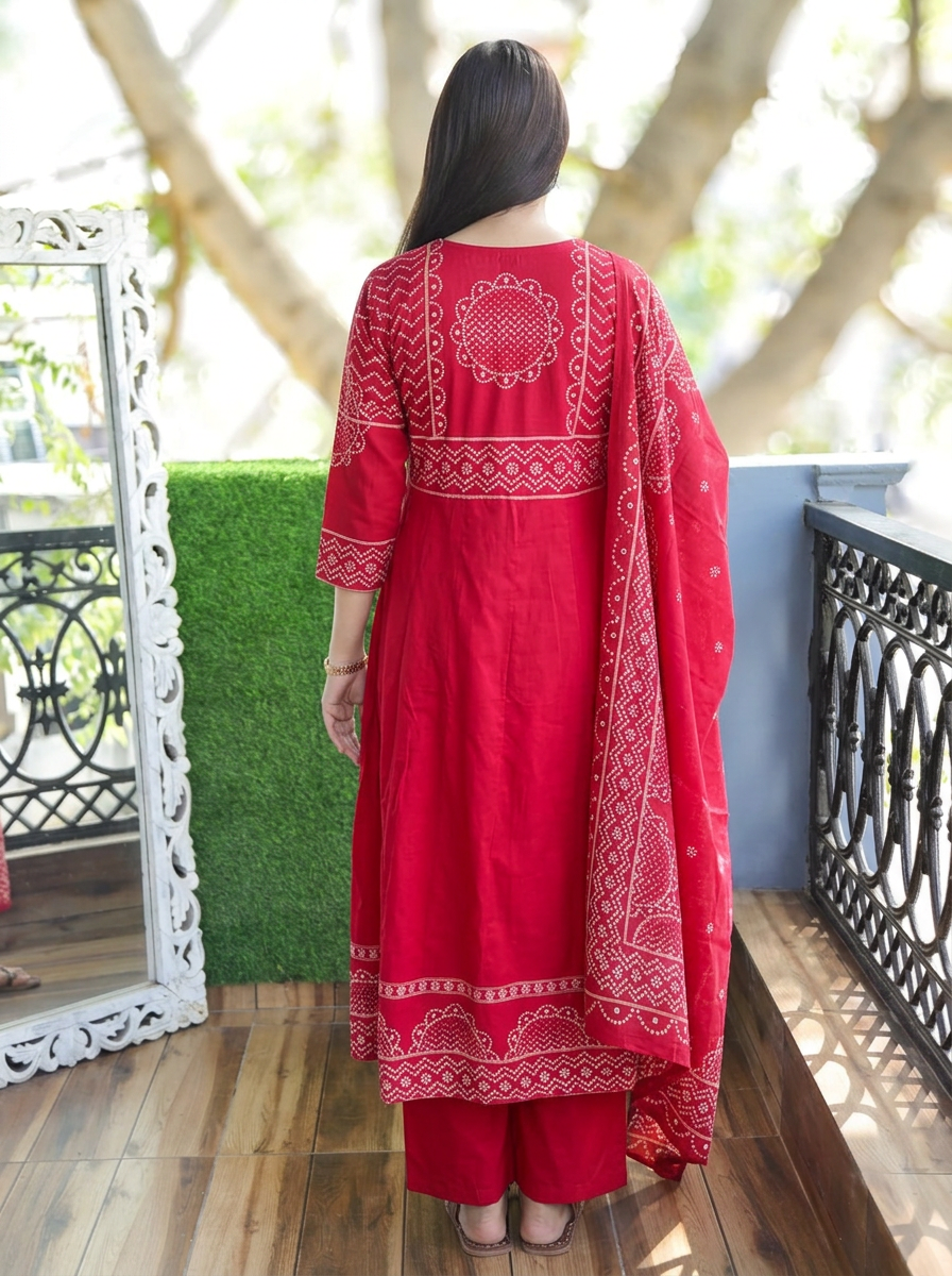 Rashi Rani Pink Bandhani Gathered Cotton 3 PIece Set