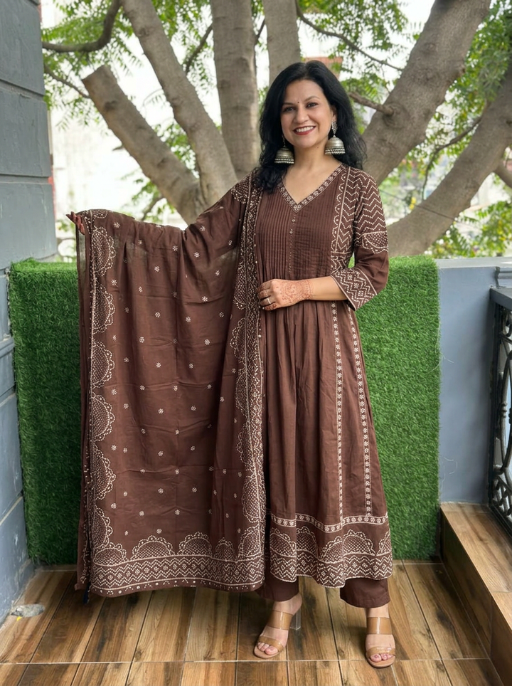 Rashi Choco Brown Bandhani Gathered Cotton 3 PIece Set